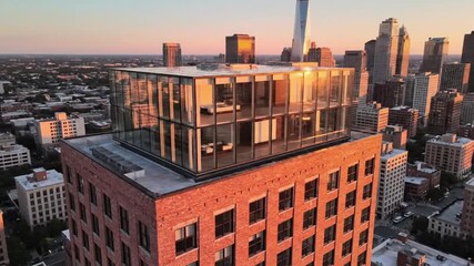 Modern glass building with city skyline at sunset