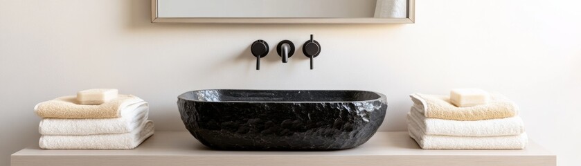 Textured Black Sink with Matte Fixtures and Towels, minimalism , bathroom design
