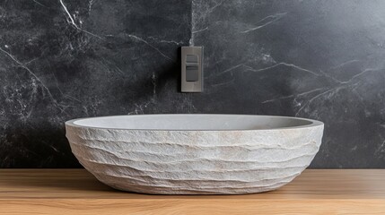 Textured Stone Sink with Black Marble Wall and Wooden Counter, Bathroom ,Interior