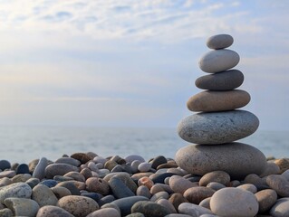 Close-up of a pyramid of round grey stones against the backdrop of the sea and sky.