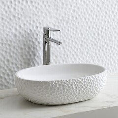 Textured White Sink with Chrome Faucet on Marble Countertop, bathroom, plumbing