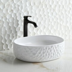 Textured White Sink Bowl with Matte Black Faucet, Minimalist , Bathroom Fixtures