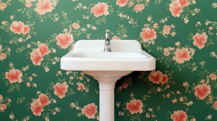 Vintage Floral Bathroom White Sink Against Green Wallpaper, Bathroom, Interior