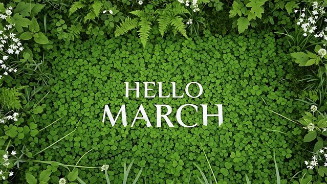 Hello march greeting card with lush green foliage and white blooms
