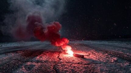 Red emergency flare burning on snowy pavement at night, emitting thick smoke and dramatic light, symbolizing danger, protest, or distress during winter.