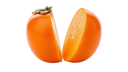 Orange Persimmon Fruit Cut in Half Revealing Inner Texture halved