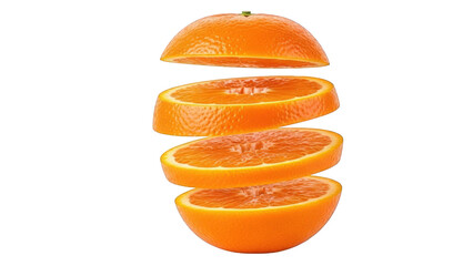 Orange Sliced into Four Floating Segments Against Black Background citrus fruit
