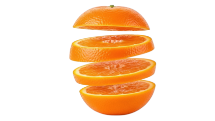 Orange Sliced into Four Floating Segments Against Black Background citrus fruit