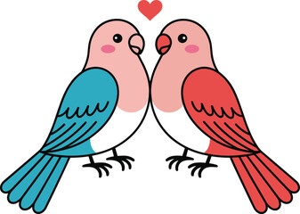 Fototapeta premium Cartoon lovebirds illustration, romantic bird couple design, red heart symbol art, Valentine's day affection and companionship graphic
