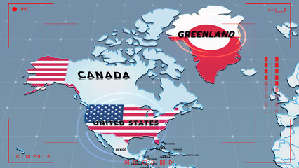 A stylized map highlighting The united states and Greenland with flag of Greenland, Greenland map,   north america map, flag of the United States © ran