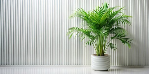 Green palm with reeded glass. Pure aesthetic behind frosted panel for modern beauty illustration. Plant leaves. Ribbed Background. Blurred sunny template for tree presentation. White Reeded Glass.