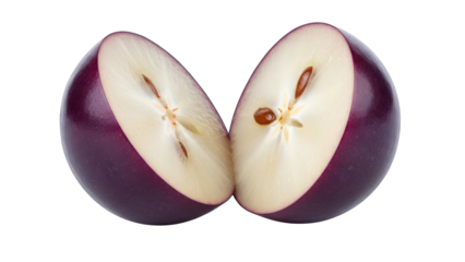 Purple Star Apple Cut in Half Revealing White Flesh and Seeds Keywords: star apple, purple fruit