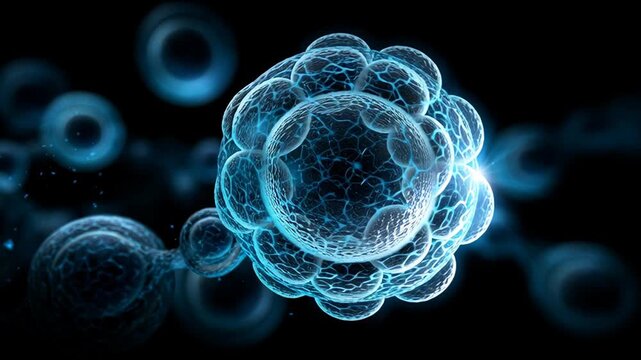 A cluster of blue spheres with a large one in the middle. The spheres are all different sizes and are scattered throughout the image