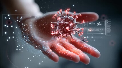 Futuristic medical hand interface detecting virus particles and analyzing data - Powered by Adobe