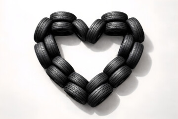 Heart shaped black car tires as Valentine's Day concept, isolated on white background, symbol of love