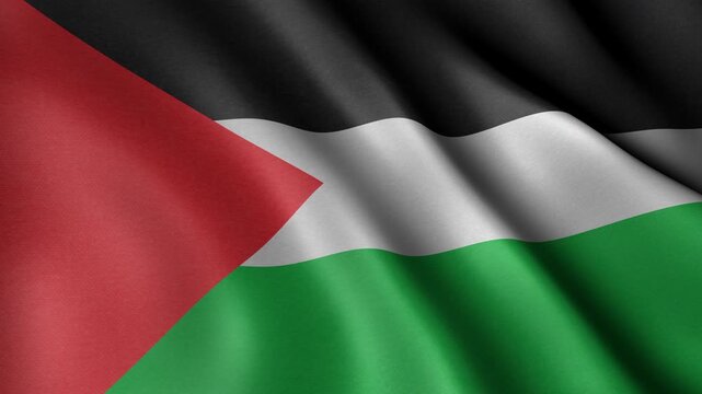 Animated looping flag of Palestine waving smoothly in wind, symbolic green white black red tricolor, patriotic motion background, seamless loop, dynamic fabric texture, national identity visual