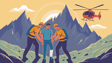 Mountain rescue team aiding injured hiker with leg injury on rocky mountain terrain with rescue helicopter overhead emergency medical assistance in remote location for travel adventure tourism safety