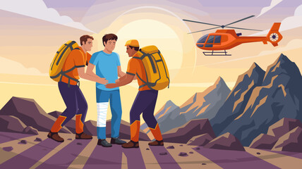 Injured hiker being rescued by rescue team in remote rocky mountain landscape with helicopter support for emergency evacuation in outdoor adventure travel and tourism safety campaign illustration for