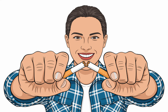 Happy Young Man Breaking Cigarette in Half Stop Smoking Concept Illustration for Healthcare Awareness Tobacco Addiction Prevention Campaign Quit Smoking Motivation and Wellness Lifestyle in Modern Gra