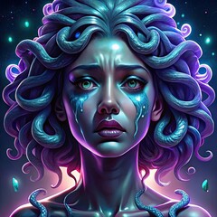 Medusa Gorgon Shedding Holographic Tears in a Mystical Realm of Beauty and Sorrow