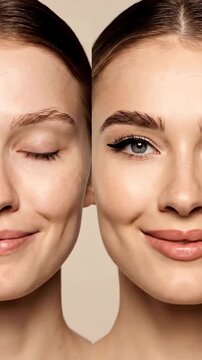 Two women with different makeup styles posing closely together with calm expressions