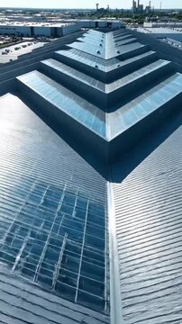 Aerial view of modern industrial building with triangular roof
