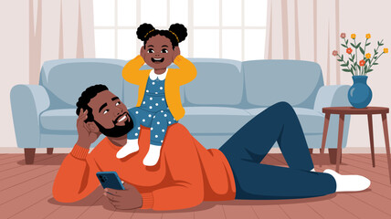 Happy African American dad using smartphone with cheerful daughter sitting on his shoulders at home in living room joyful family parenthood moment fathers day concept for digital lifestyle and social