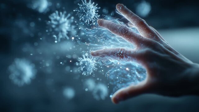 Human hands controlling large virus particle in futuristic medical visualization