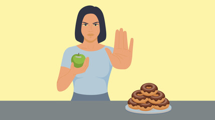 Young woman choosing green apple refusing donuts unhealthy sweet food diet nutrition decision concept healthy lifestyle choice and temptation management for healthcare wellness advertising and marketi