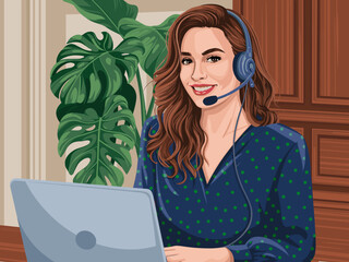 Smiling woman with headset working on laptop computer at home modern professional customer support service online remote job concept character illustration for business communication technology presen