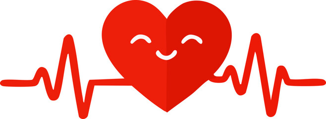 A cheerful red heart with a smiling face is connected to a flowing heartbeat line on a black background, symbolizing healthy life and positive cardiac wellness. © Svutlana