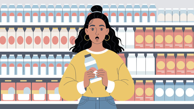 Surprised woman holding milk carton in grocery store aisle searching for dairy free alternative healthy food choices for lactose intolerance dietary restrictions in supermarket shopping experience for