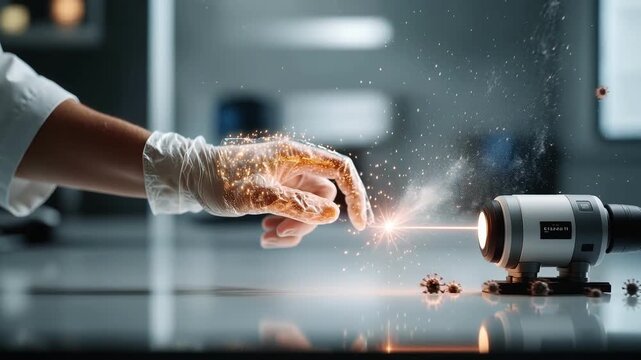 Gloved medical hand interacting with viruses symbolizing healthcare protection concept