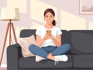 Smiling woman using mobile phone on sofa at home modern interior design illustration relaxed female browsing social media app on smartphone for lifestyle blog post or advertising campaign technology a
