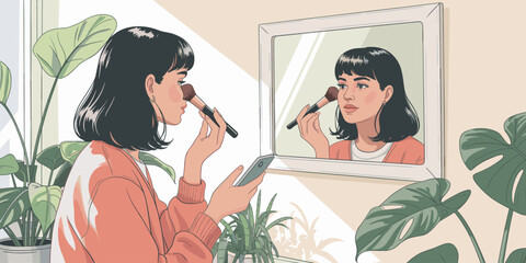 Illustration of young woman applying makeup with brush while holding smartphone in bright natural light filled room with potted plants and mirror beauty fashion lifestyle blogging tutorial and social