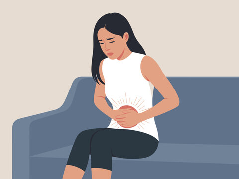 Sad woman experiencing stomach pain menstrual cramps abdominal discomfort sitting on couch at home healthcare illustration for medical websites and health articles depicting pms endometriosis digestiv