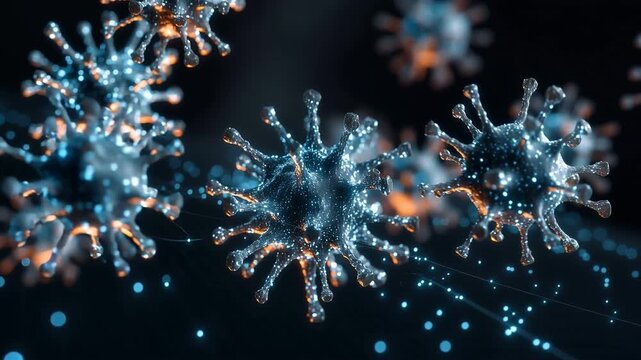 Microscopic virus structure with glowing filaments representing infection spread