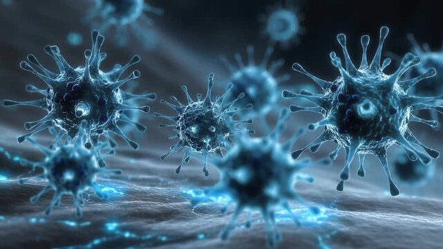 Blue virus cells moving on organic surface symbolizing microscopic infection