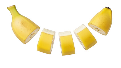 Sliced Banana Pieces Arranged in a Curve on Black fruit yellow