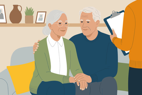 Senior couple consulting with healthcare professional at home for geriatric care planning and medical support in retirement living assistance elder services for social work family counseling and healt - Powered by Adobe
