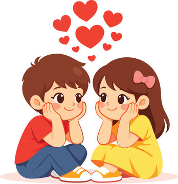 Cute Valentine&rsquo;s Day Illustration of a Boy and Girl Holding Hands with Hearts
