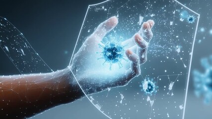 Digital hand interacting with virus particles symbolizing biotechnology research - Powered by Adobe