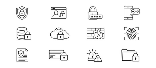 Cybersecurity and Data Protection Line Icons Set