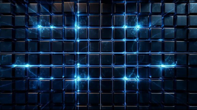 A blue background with a grid of cubes and a blue light shining on them. The blue light is shining on the cubes in a way that makes them look like they are glowing