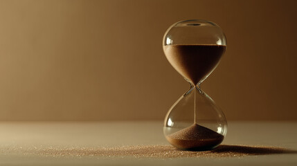 Classic glass hourglass with flowing sand on neutral surface in soft directional light ideal for time concepts, patience metaphors and mindfulness visuals
