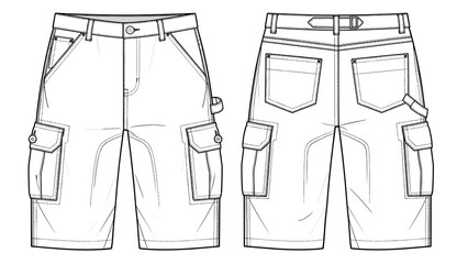 Fashionable cargo shorts technical drawing showcasing front and back views details for apparel design, perfect for casual wear, outdoor activities, or industrial workwear fashion i.