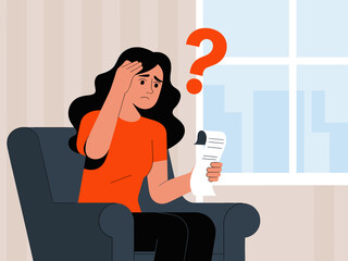 Confused woman looking at bill with question mark over head sitting in chair puzzled and stressed about finances taxes and accounting problems financial difficulty concept for business presentation an