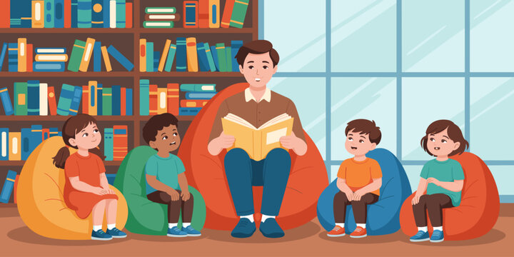 Caring male teacher reading aloud to diverse group of elementary school children in library sitting on beanbag chairs educational storytelling learning together in classroom for childhood development