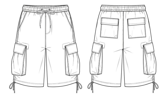 Fashionable cargo shorts technical drawing showcasing the front and back views for apparel design, ideal for garment sketches, modern casual wear, streetwear style patterns, and cl.