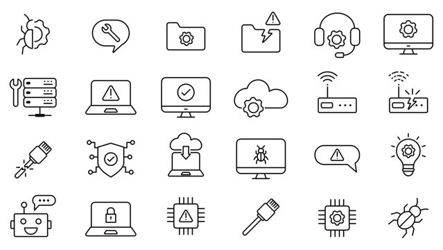 Technical IT support and computer troubleshooting icon set with hardware repair, software bug symbols and maintenance - Powered by Adobe
